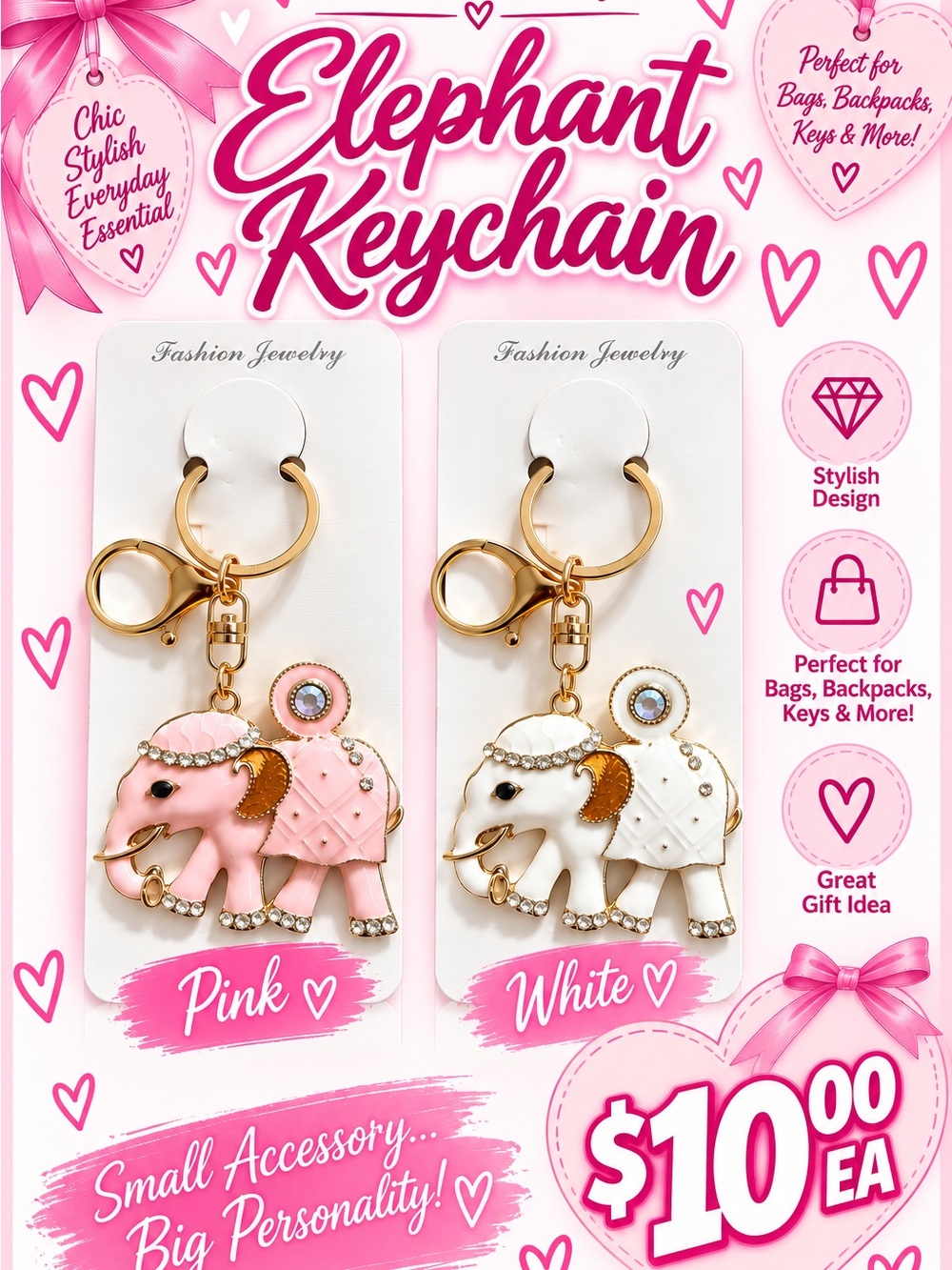 Elephant Keychain Kids Accessory - Pink & White